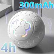 Ash Electronic device with paw print design of Rechargeable Interactive Pet Toy Ball 300mAh on a gray surface, featuring text indicating battery capacity and runtime.