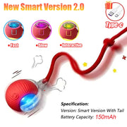 Red Rechargeable pet Toy Ball with Mode and Obstacle Avoidance with a tail, featuring different light modes and USB charging cable on a white background.
