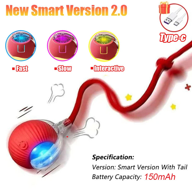 Red Rechargeable pet Toy Ball with Mode and Obstacle Avoidance with a tail, featuring different light modes and USB charging cable on a white background.