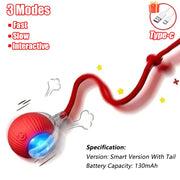 Red Rechargeable pet Toy Ball with Mode and Obstacle Avoidance with a tail, USB cable, and specifications on a white background