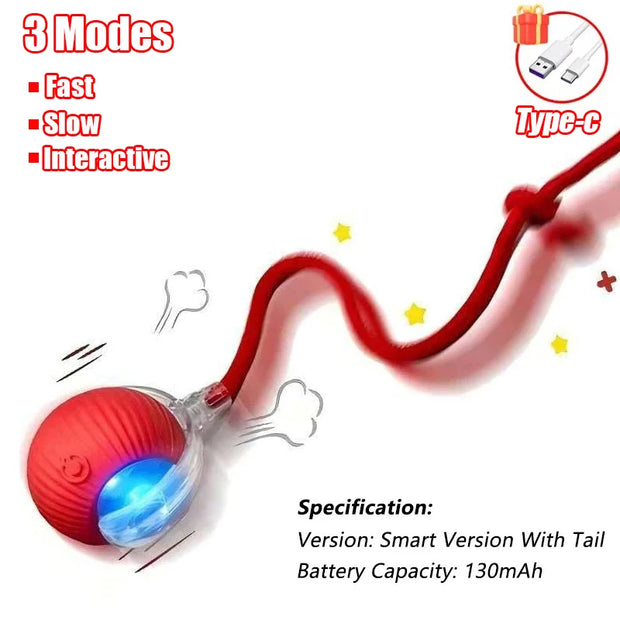 Red Rechargeable pet Toy Ball with Mode and Obstacle Avoidance with a tail, USB cable, and specifications on a white background