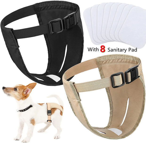Reusable Dog Diapers in black and beige with sanitary pads on a white background