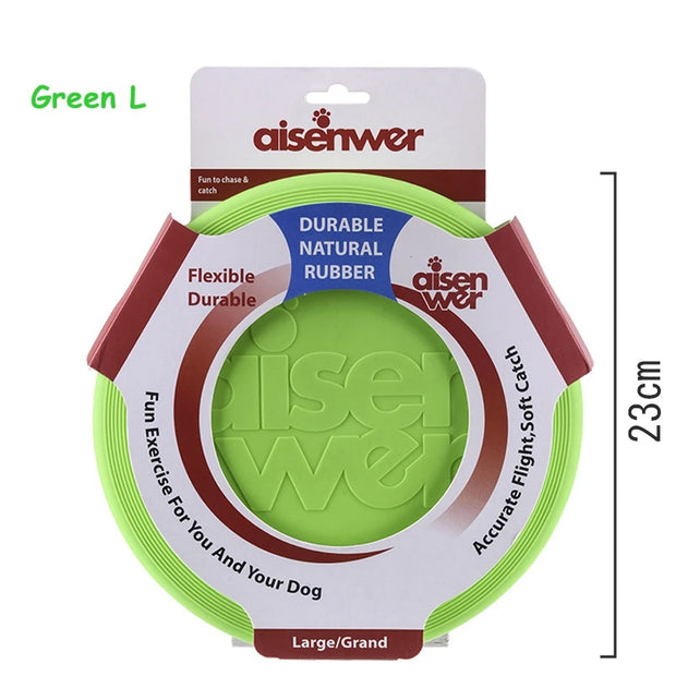 Green Aisenwer Durable Rubber Dog Frisbee packaging on a white background