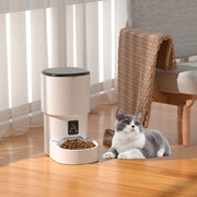 Cat sitting next to a ZYFeeder Smart Automatic Pet Feeder on a wooden floor.