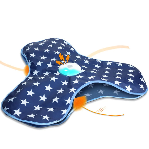 Blue and white star-patterned Hide and Seek Interactive Cat Toy Blanket with orange and yellow elements on a white background
