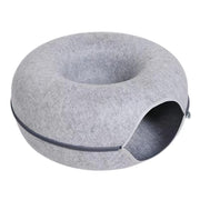 Gray donut-shaped Felt Cat Cave Bed on a white background