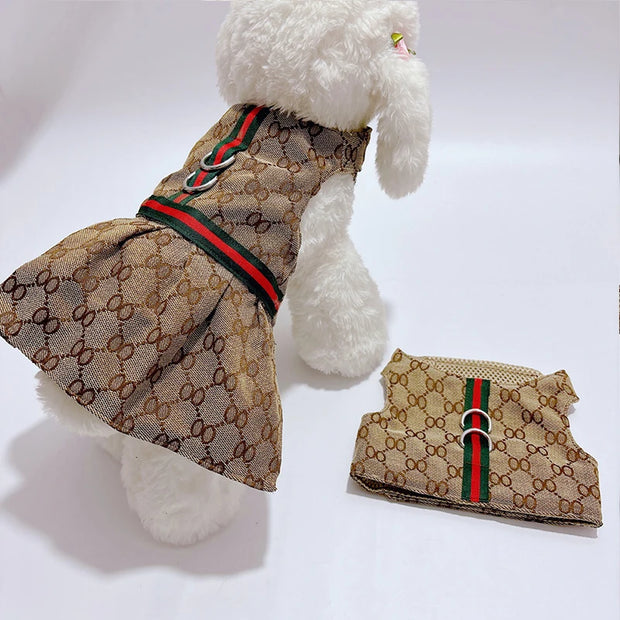Luxury Pet Outfit Harness Vest And Dress Set with Gucci pattern and matching bag on a white background
