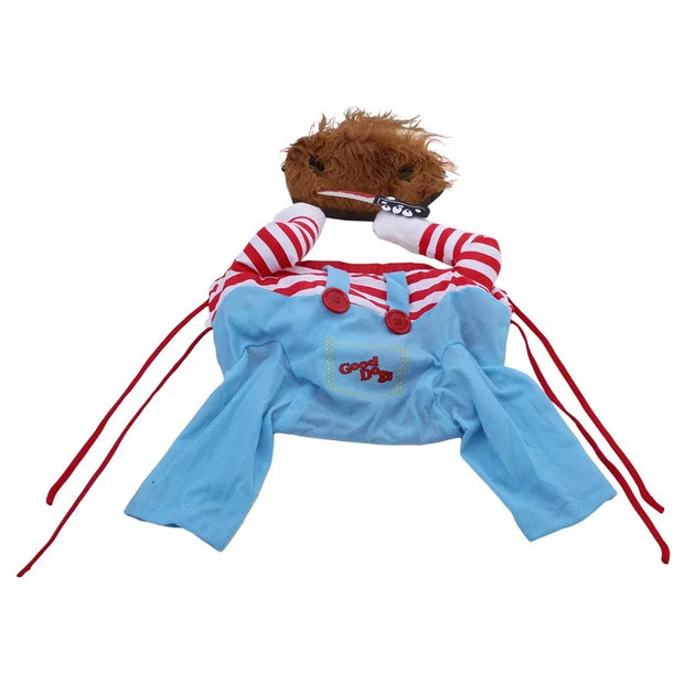 Killer Doll Pet Costume with a red and white striped shirt, blue overalls, and brown hair on a white background