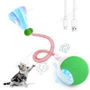 Electric Rolling Cat Toy Ball with colorful features and a USB cable on a white background
