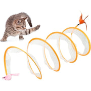 Cat playing with a Interactive Spiral Cat Toy Spring Tunnel with Plush Mouse on a white background