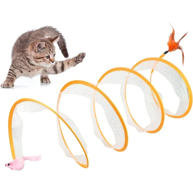 Cat playing with a Interactive Spiral Cat Toy Spring Tunnel with Plush Mouse on a white background