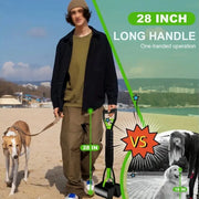 Person holding a dog leash with a Easy Grip Dog Pooper Scooper 28-inch handle, standing outdoors with a scenic background.