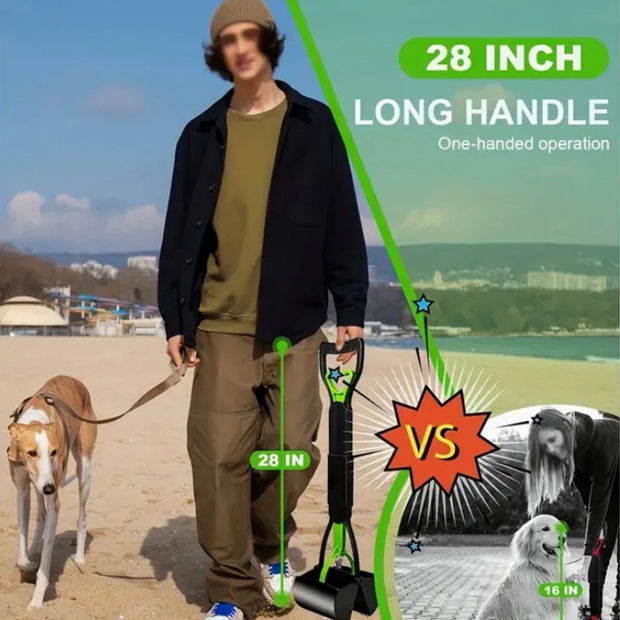 Person holding a dog leash with a Easy Grip Dog Pooper Scooper 28-inch handle, standing outdoors with a scenic background.