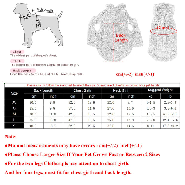 Measurement chart for Plush Winter Vest with diagrams and size chart