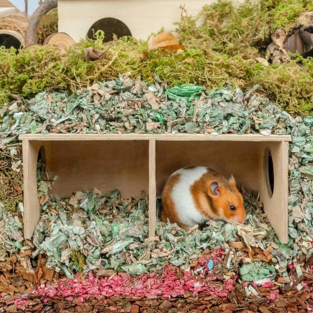 Wooden Hamster Hideout House with Dual Compartments surrounded by green bedding and wood chips.