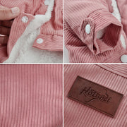 Collage of pink Corduroy Dog coat with white buttons and a brown label on a light background