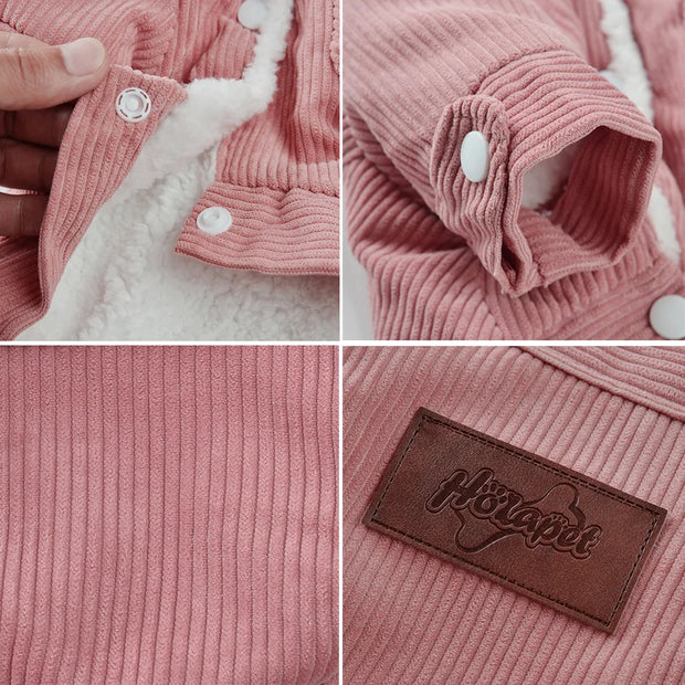 Collage of pink Corduroy Dog coat with white buttons and a brown label on a light background