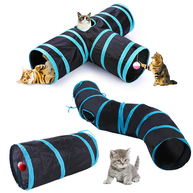 Cat play with multiple Collapsible Cat Tunnel Toy  on a white background