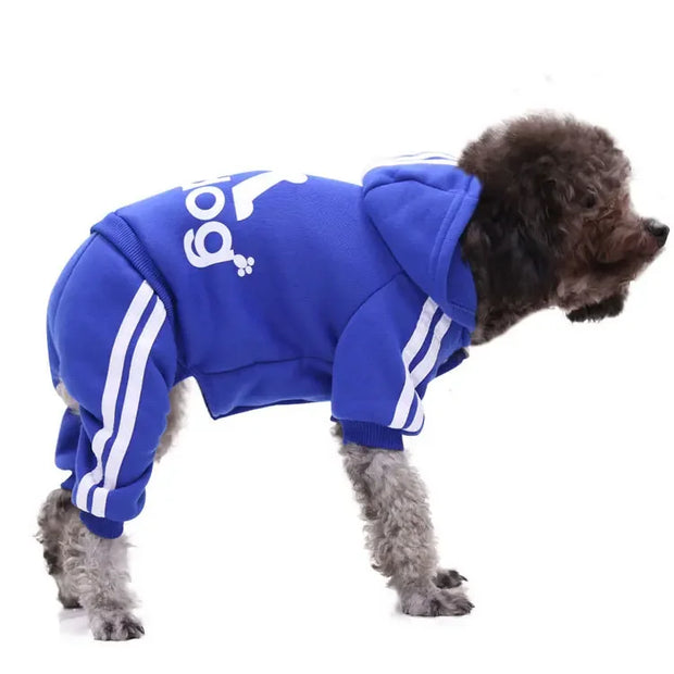Dog wearing a blue Sporty Pet Hoodie Jumpsuit with white stripes on a white background