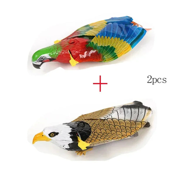 Two Electric Flying Bird Cat Toy, one colorful parrot and one bald eagle, on a white background with '2pcs' text.
