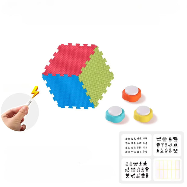 Colorful Pet Training Button foam puzzle tiles with stamps and a pen on a white background