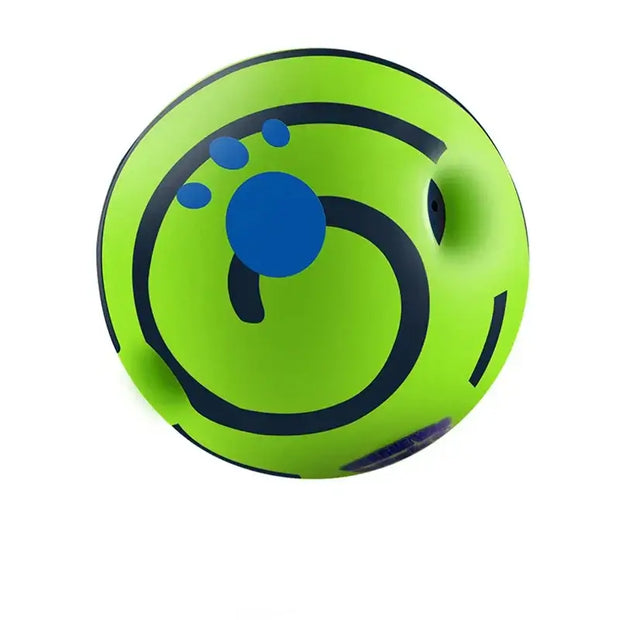 Green and blue Wobble Wag Giggle Ball Fun Dog Toy with a smiley face design on a white background