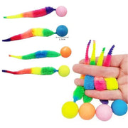 Colorful Rainbow Tail Cat Toy Balls ends held by a hand on a white background