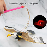 Electric Flying Bird Cat Toy with pink pole, sound, light, and red LED on marble background