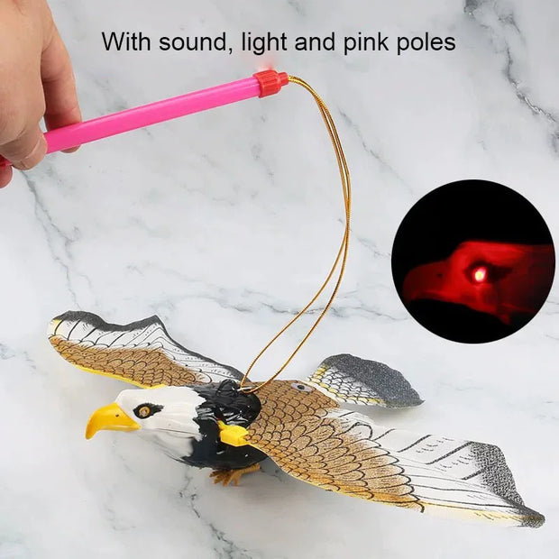 Electric Flying Bird Cat Toy with pink pole, sound, light, and red LED on marble background