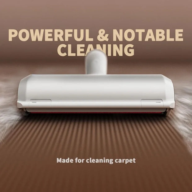 Pet Hair Remover Roller with Large Storage Chamber tool on a carpet with text 'Powerful & Notable Cleaning' and 'Made for cleaning carpet'.