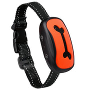 Black Anti-Barking Dog Collar with an orange electronic device on a white background
