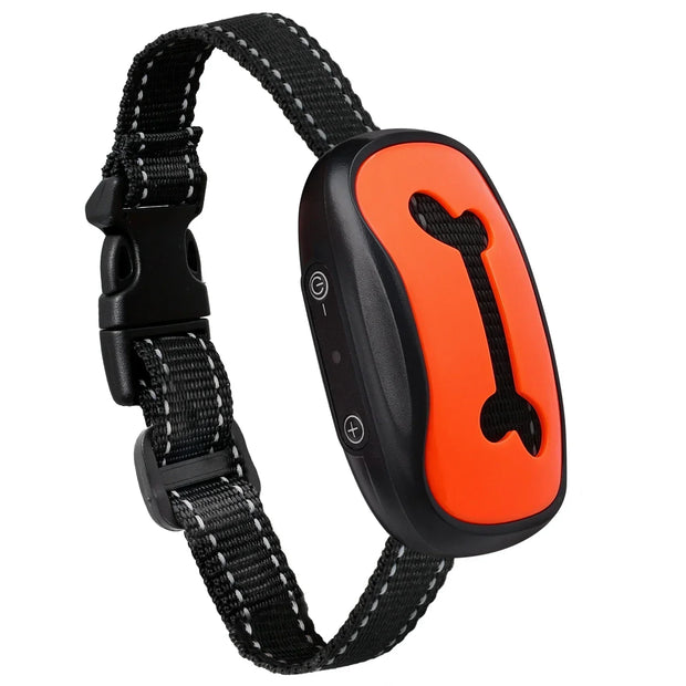 Black Anti-Barking Dog Collar with an orange electronic device on a white background