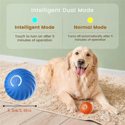 Dog playing with a blue Automatic Obstacle Avoidance Pet Toy Ball and orange on a carpet, with text about intelligent dual mode.