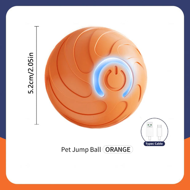 Orange Automatic Obstacle Avoidance Pet Toy Ball with power symbol and measurement details on a white background