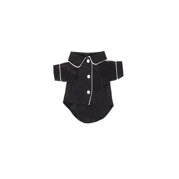 Black Elegant Pet Shirt with white trim on a white background