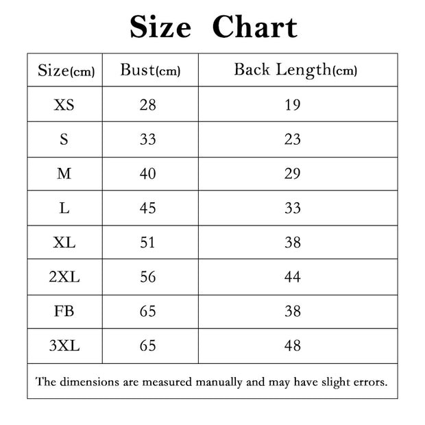 Size chart for Luxury Pet Outfit Harness Vest And Dress Set with bust and back length measurements.
