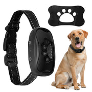 Black Anti-Barking Dog Collar  with remote control, black pad with paw print design, and a brown dog sitting.