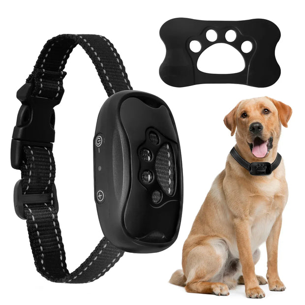 Black Anti-Barking Dog Collar  with remote control, black pad with paw print design, and a brown dog sitting.