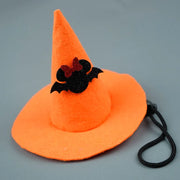 Orange Halloween Witch Hat Collection with black bat and bow design on a gray background