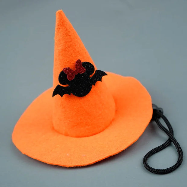 Orange Halloween Witch Hat Collection with black bat and bow design on a gray background