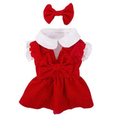 Red Puppy Bow Dress Set with a large bow and matching headband on a white background