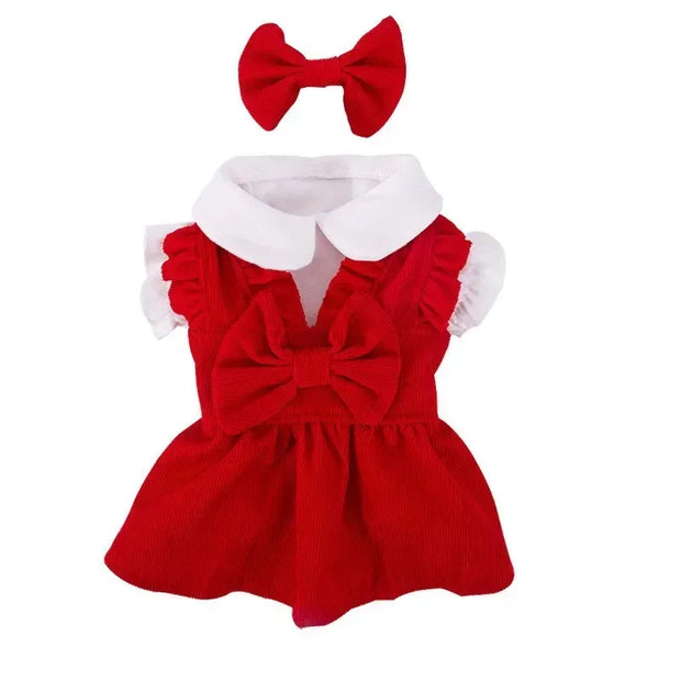 Red Puppy Bow Dress Set with a large bow and matching headband on a white background