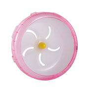 Pink and white circular Hamster Exercise Wheel with a yellow center on a white background