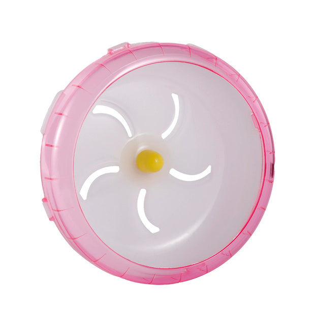 Pink and white circular Hamster Exercise Wheel with a yellow center on a white background