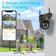 Home Smart Outdoor Security Camera system with smartphone app interface, showing a house and people with dogs in the background.