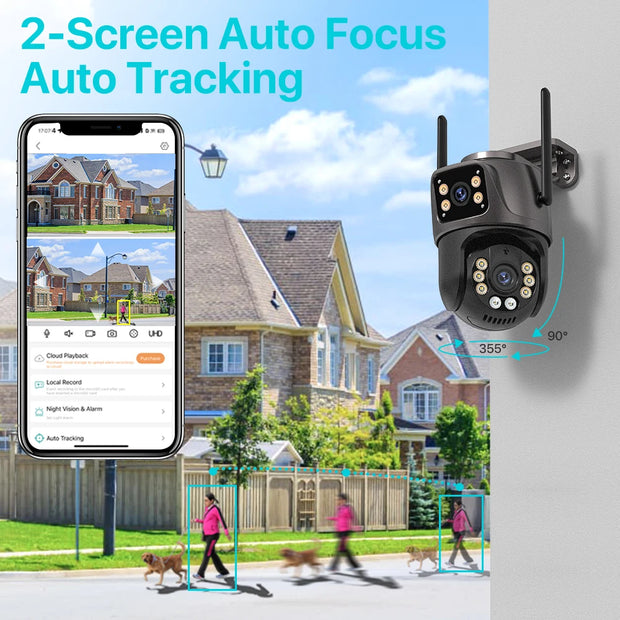 Home Smart Outdoor Security Camera system with smartphone app interface, showing a house and people with dogs in the background.