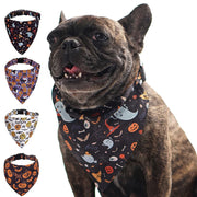 Pumpkin Paws Halloween Bandana Pet Collar Scarf on a dog with multiple designs displayed.