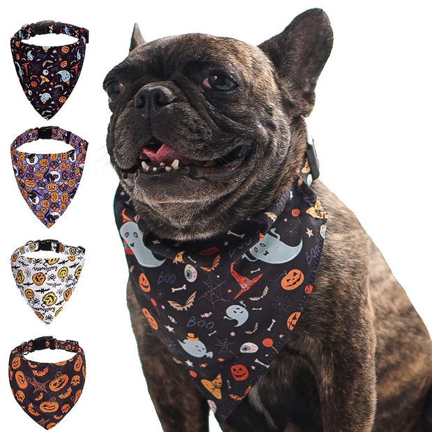 Pumpkin Paws Halloween Bandana Pet Collar Scarf on a dog with multiple designs displayed.