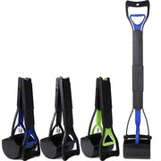 Set of four Easy Grip Dog Pooper Scooper with blue, black, and green handles on a white background