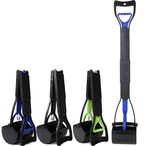 Set of four Easy Grip Dog Pooper Scooper with blue, black, and green handles on a white background